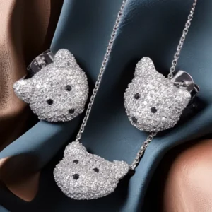 RENSINO Dainty Daily Wear Jewelry 925 Sterling Silver Iced Out Teddy Bear Jewelry Set for Women