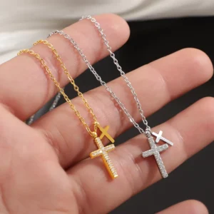 RENSINO Dainty Double Cross Necklace Gold Silver CZ Religious Pendant Jewelry