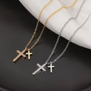 RENSINO Dainty Double Cross Stainless Steel CZ Inlaid Christian Pendant Minimalist Gold Silver Two-tone Religious Jewelry for Daily Wear