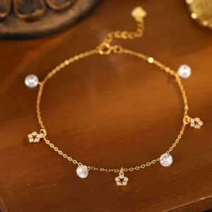 RENSINO Dainty Flower Dangle Round Zircon Foot Chain 925 Sterling Silver Anklet Bracelet for Women