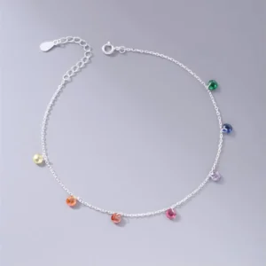 RENSINO Dainty Foot Jewellery Rainbow Color Cubic Zirconia Stone Charm 925 Sterling Silver Anklets Bracelet Fashion Jewelry for Women