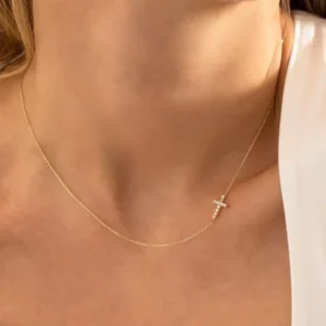 RENSINO Dainty Pure Silver Fine Religious Jewelry 925 Sterling Silver 18k Gold Plated Cubic Zircon Tiny Sideway Cross Necklace for Women