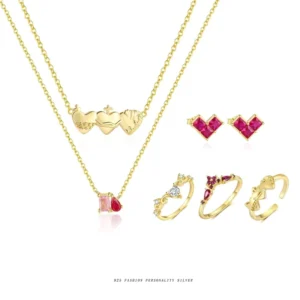 RENSINO Dainty S925 Sterling Silver Colorful Zircon Heart Pendant Necklaces and Rings Jewelry Set