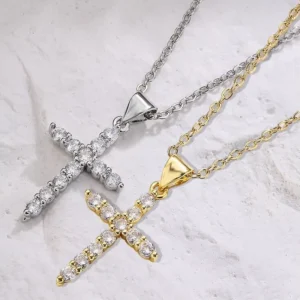RENSINO Dainty Waterproof Silver 18K Gold PVD Plating Crystal Zircon Stainless Steel Cross Pendant Necklace Jewelry for Women