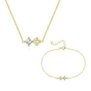 RENSINO Dainty Women Fashion Jewelry Sets 925 Sterling Silver Rhomb Geometric Square Zircon Pendant Necklace Bracelets