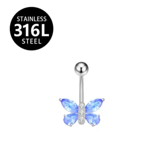 RENSINO Dangle Belly Button Rings 316L Stainless Steel 14G Butterfly Belly Dangling CZ Belly Screw Navel Barbell Piercing Jewelry