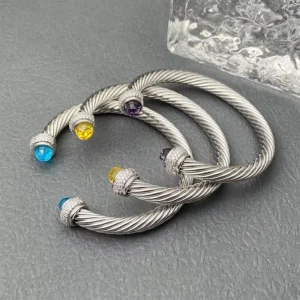 RENSINO David’s Spiral Twisted Cuff Bracelet Silver Plated Colored Crystal Decorations Open Mouth Unisex Party High Quality Fashion