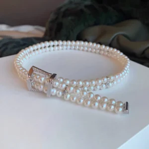 RENSINO Decorative Unique 14K Gold 925 Sterling Silver Belt Button Fashion Zircon Two Layering Necklace Pearl Clasps Jewelry Bag