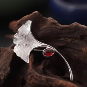 RENSINO Dejavu Jewelry Original Handmade 925 Sterling Silver Brooch Garnet Ginkgo Leaf Shape for Necklace Women Gifts