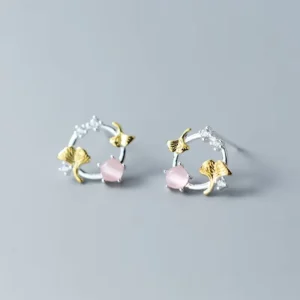 RENSINO Delicate Geometric Round Earrings 925 Sterling Silver Sweet Opal Ginkgo Leaf Stud Earrings for Women Fine Jewelry
