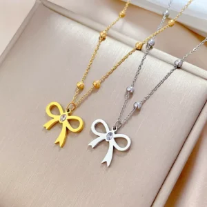 RENSINO Delicate PVD Plating Non Tarnish Silver 18K Gold Stainless Steel Bowknot Pendant Necklace Jewelry for Women