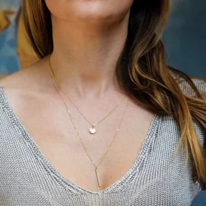 RENSINO Delicate Personalized Layered Disc Bar Pendant Necklace Stainless Steel Women’s 14K Gold Color Engagement Geometric Link