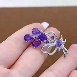 RENSINO Delicate Rhodium Plated 925 Silver Butterfly Brooch Natural Amethyst for Women Perfect Wedding or Anniversary Gift