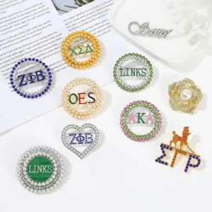 RENSINO Delta Greek Letter OES AKA LINKS Sorority Rhinestone Pearl Triangle Jewelry Pin Alloy Fraternity Letter Brooch for Anniversary