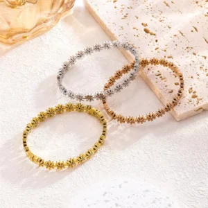 RENSINO Design Fashion 18K Gold Plated Stainless Steel Inlaid Zircon Flowers Cuff Bangles Jewelry for Women