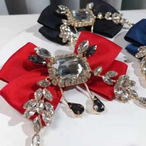 RENSINO Designer Colored Rhinestone Tassel Brooches Custom Double C Fabric Bow Brooch Pin Luxury Women