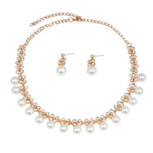 RENSINO Designer Fashion Charm Colorful Crystal Diamond Pearl Stainless Steel Silver Chains Necklace Stud Earrings Jewelry Set for Women