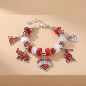 RENSINO Designer Sorority Delta Accent Dainty Red and White Tone DST Charms and Beaded Luxury Greek Soror Jewelry Bracelet