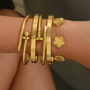 RENSINO Diamond 18K Gold Plated Non Tarnish Fashion Golds Jewellery Bangles Stainless Steel Bangle Bracelet for Women Girls