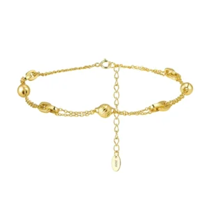 RENSINO Diamond Cut Textured Bead 925 Sterling Silver Anklet Double Layer Chain Geometric Delicate High Polished Women