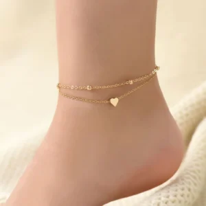 RENSINO Double Chain Heart Anklet for Women Round Beads Alloy Body Jewelry Stylish Fashion Accessory for Parties or Gifts
