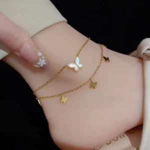 RENSINO Double Layer Leg Chain Butterfly Waterproof Butterfly Style 18k Gold Plated Stainless Steel Anklets