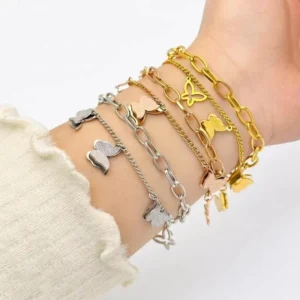 RENSINO Double Layer Stainless Steel Butterfly Pendant Bracelet Fashion Chain Bracelet Jewelry Gift for Women