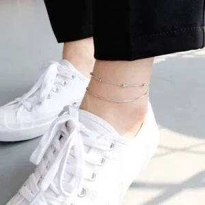 RENSINO Double Layered Silver Bead Chains and Snake Chain Anklet Bracelet Women’s Gift Silver Anklet Bridal Brides Beachwear