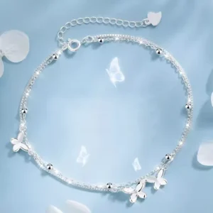 RENSINO Double layer Butterfly Anklet Women’s S925 Sterling Silver Model SL030 Trendy Ins Style Light Luxury Niche