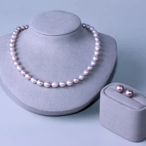 RENSINO Dreamy Lavender Rice Shaped Pearl Necklace Classic Purple Pearl Stud Earrings Exquisite Fashion Purple Pearl Set