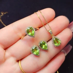 RENSINO Drop Shape Natural Peridot Gold 925 Silver Jewelry Set Women Wedding Daily Wear Minimalist Design High Quality Party Gift