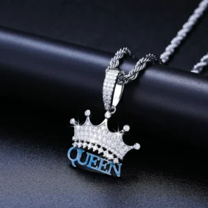 RENSINO Dropshipping Glow in the Dark 925 Sterling Silver VVS Moissanite Diamond Iced Out Letter Queen Crown Pendant for Men Women
