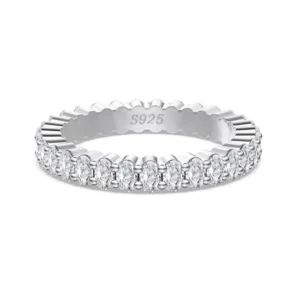 RENSINO Dylam Dainty Design Non Tarnish Rhodium Plated 925 Silver Eternity Band Egg Shape 5A Zirconia Jewelry Rings for Wedding Bridal