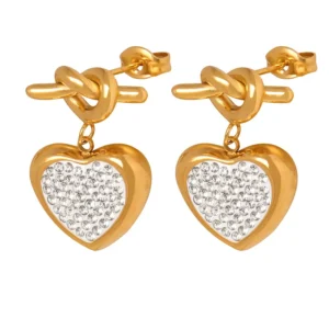 RENSINO E0360 Fashion Designer 18k Gold Plated Statement Earring Jewelry Women Stainless Steel Rhinestone Heart Earrings