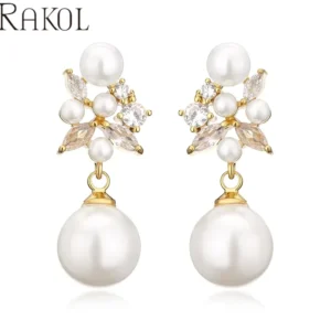 RENSINO EP5556 Women Pearl Dangle Earrings Elegant Cubic Zircon Fine Jewelry Silver Gold Plated Statement Earrings