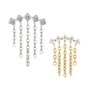 RENSINO Earring Implant Grade ASTM F136 Titanium Zircon Chains Dangle Internally Threaded Top Nose Rings Wedding Gift Party