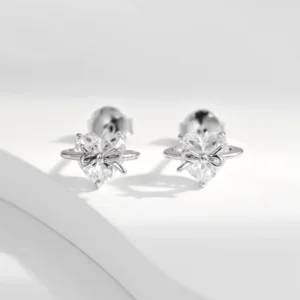 RENSINO Earrings Jewelry Rhodium Plated Cubic Zirconia Bowknot Heart Stud Earring 925 Sterling Silver Fine Jewelry Earrings