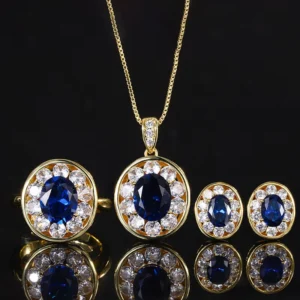 RENSINO Eco friendly Copper Gold Plated Oval Cut 8*10 5*7mm Blue Cubic Zirconia Retro Jewelry for Women Sets Golden