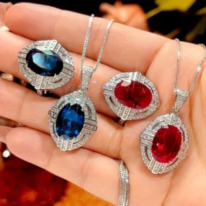 RENSINO Eco friendly Copper Women Jewelry Set 10*14mm Red Cubic Zircon Vintage Oval Bulk Sale Pendant Earrings Set