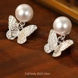 RENSINO Elegant 925 Silver Butterfly Pearl Earrings for Women High Grade Niche Jewelry Delicate Earring