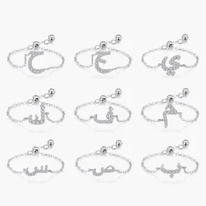 RENSINO Elegant 925 Sterling Silver Arabic Alphabet Chain Adjustable Ring for Women Wedding Birthday Mother Days Day Gift
