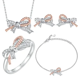 RENSINO Elegant 925 Sterling Silver Bowknot Jewelry Set Sparkling Ribbon Bow 4pcs Jewelry Set Birthday Gift for Girls