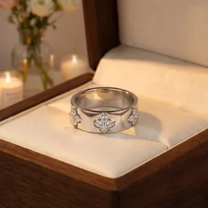 RENSINO Elegant 925 Sterling Silver Four Leaf Moissanite 2mm D Color VVS Moissanite Women’s Gift Ring