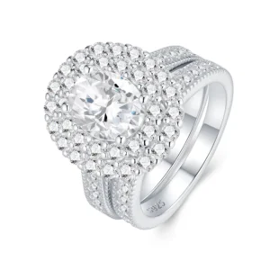 RENSINO Elegant 925 Sterling Silver Moissanite for Women Daily Wear Wedding Ring 2Ct Oval White D Color Double Layers Ring