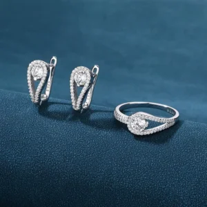 RENSINO Elegant 925 Sterling Silver Zircon Teardrop Ring Earring Set Bridal Wedding Party Jewelry for Women Rhodium Plated Fashion