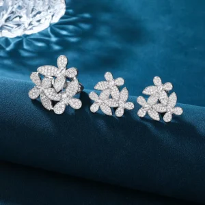 RENSINO Elegant 925 Sterling Silver Zircon Trendy Eternity Ring And Hoop Earrings Set For Women Luxury Bridal Wedding Party Jewelry Gift