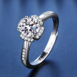 RENSINO Elegant Adjustable Moissanite Solitaire Ring 925 Sterling Silver Halo Setting with Paved Side Stones Bridal Solitaire Ring
