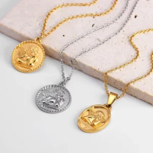 RENSINO Elegant Angel Necklace Stainless Steel Religious Jewelry Oval Portrait Wings Necklace Round Gold Coin Pendant Silver Necklace