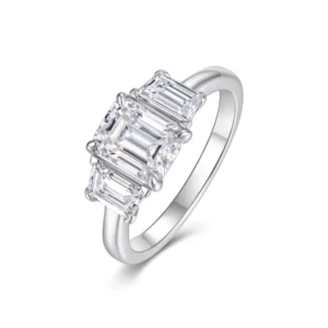 RENSINO Elegant Classic 3CTW Moissanite Ring 3 Stone Emerald Cut 18K Gold Plated 925 Sterling Silver Engagement Gift Certificate