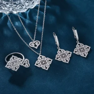 RENSINO Elegant Cubic Zirconia Jewelry Set 925 Sterling Silver Heart Ethnic style love Necklace Ring Earrings for Women Wedding Gift